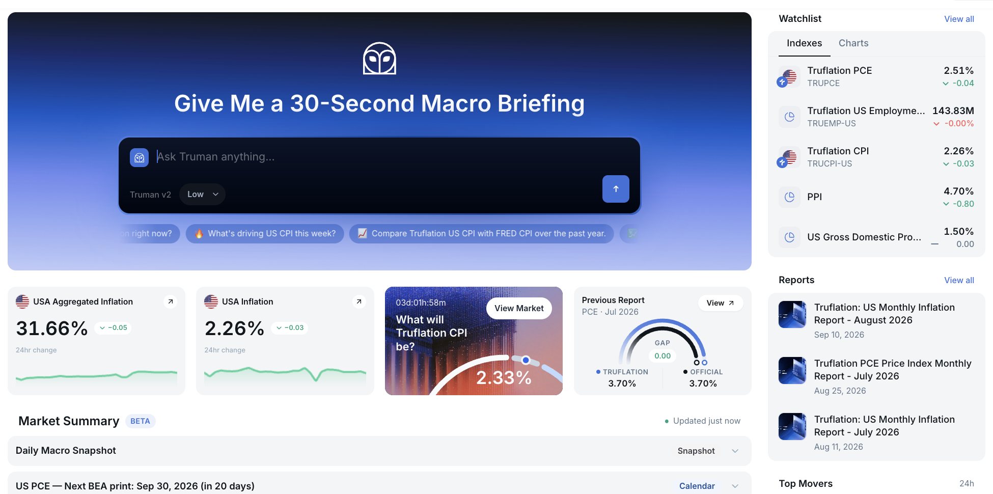 Truflation dashboard with the Truman prompt, live US inflation tiles, and the watchlist